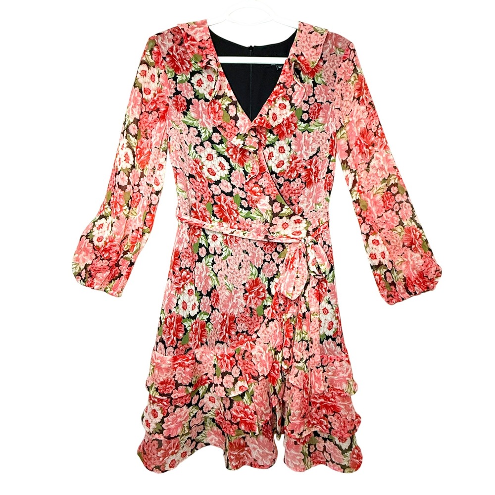 Bardot Floral Faux Wrap Dress US 6 Pink Ruffle Mini Long Sleeve Australia